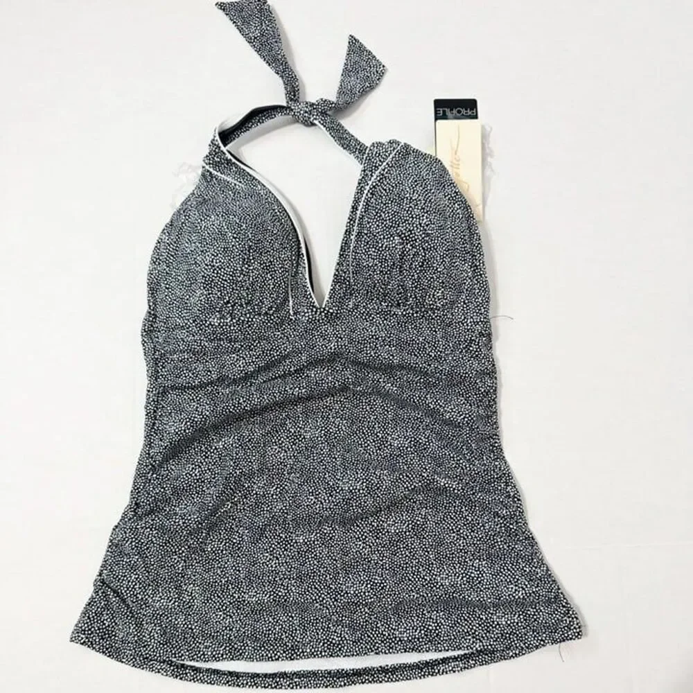 Profile By Gottex NWT Sz 12 Black White Colette V-Neck Halter Tankini Swim Top